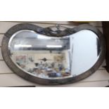 Unusual Vintage kidney-shape bevel-edge wall mirror, in hammered metal frame, with applied
