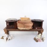 Various collectables, a long footstool, trugs, food containers etc