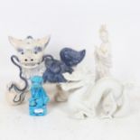 Various Chinese ceramics, including blanc de chine figure of a lady, similar dragon figure, blue Dog