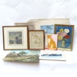 A collection of watercolours, engravings etc (boxful)