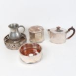 A group of silver plated items, to include silver plate on copper tea caddy, wine coasters etc