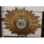 A Vintage gilt sunburst wall clock, width 50cm