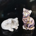 A Royal Crown Derby seated cat, and a Royal Copenhagen polar bear cub no. 729 (2)