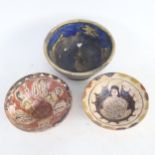 3 Antique Turkish hand painted pottery bowls, largest diameter 13cm, all A/F (3)