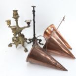 A set of 3 19th century copper cone-shaped ale warming mullers, brass candelabra etc