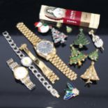 A Bulova lady's gold plated wristwatch, working order, 2 others, and various costume jewellery