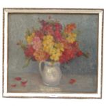 W Burgess, mid-century oil on board, still life flowers in jug, signed, framed, overall 45cm x 50cm