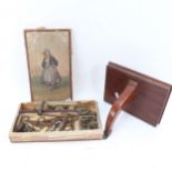 A quantity of Antique clock keys, pendulums, mahogany clock bracket etc