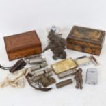 Various collectables, including whistles, lighters, spelter figure etc (boxful)