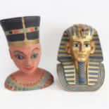 A modern painted Studio pottery Egyptian Queen Nefertiti bust sculpture, and a modern resin