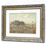 Oil on canvas laid on board, ploughing scene, signed with initials ELL, framed, overall 51cm x 61cm