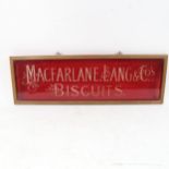 A framed engraved ruby glass sign, advertising Macfarlane, Lang & Co's Biscuits, length 49cm overall