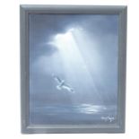 Hilary Mayes, oil on canvas, seagull and sunrays, signed with St Ives stamps verso, 10" x 8", framed
