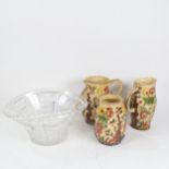 A cut-crystal table centre bowl, 2 Woods Indian Tree pattern jugs and matching vase, height 18cm