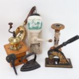 Various collectables, including coffee grinder, coal shovel, blind stamp press etc