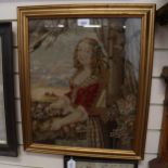 A Vintage gilt-framed woolwork tapestry, depicting a fish vendor, 53cm