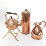 A copper quart measure, copper cylinder warmer, and copper spirit kettle on burner stand (3)