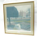 A limited edition coloured lithograph, a park view, 92/250, framed, 60cm x 62cm