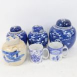 3 Chinese blue and white ginger jars, with prunus decoration, and another with design figures, and 4