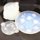 A French Etling moulded opalescent glass 9-piece fruit set, with floral decoration, serving dish,
