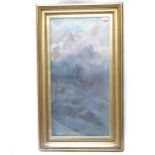 An early 20th century oil, study of snow-capped mountains, signed with monogram GV, gilt-