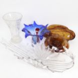 A clear free-form Art glass vase, a cloud glass vase and dish etc