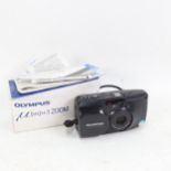 A Vintage black Olympus MJU Zoom 35mm film camera, boxed