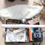 Plated salver, brass pipe rack, copper half kettle, Polaroid camera etc