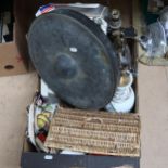 Motoring ephemera, a gong, table lamps, A Royal Stafford child's tea set etc.