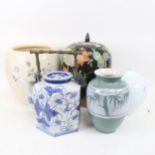 A blanc de chine vase with floral motifs, 19cm, a porcelain tea kettle, a jar and cover and 2