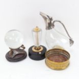 Crystal ball on stand, Art Deco Maruman electric table gas lighter, brass wine coaster etc