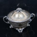 A Continental silver 2-handled pot and cover, with glass liner, engraved and pierced decoration,