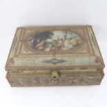 A large Vintage Continental tin biscuit casket, with printed Bacchanalian scene, length 40cm