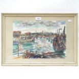 Mid-century watercolour, dockland scene, unsigned, framed, overall 37cm x 53cm
