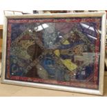 A large Eastern abstract silk panel, with inset mother-of-pearl, gold and yellow thread and