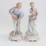 A pair of Continental porcelain figures on plinths, bearing cross swords marks, height 34cm