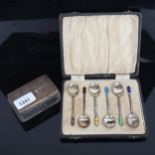 A set of 6 George V silver and enamel coffee spoons, and a glass and silver-lidded pot pourri pot