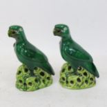 A pair of Chinese pottery green parrots, height 18.5cm