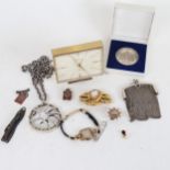 A Swiza 8-day clock, Georg Jensen silver and enamel badges, a relief carved cameo brooch, mesh purse