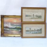 J Vince, pair of watercolours, river scenes, signed and dated 1920, framed, overall 27cm x 44cm, and