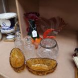 Various glass, including large pink and frosted fruit bowl, Murano cockerel, scent bottles etc