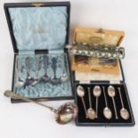 A cased set of 6 Mappin & Webb silver coffee spoons, Sheffield 1946, 2 cased sets of Continental
