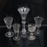 An Antique glass goblet with etched border and air twist stem, 17.5cm, and 4 other Antique glasses
