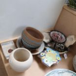Studio pottery dishes, some signed, a Doulton pot etc