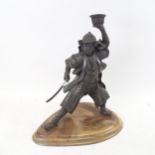 An Art Deco style silvered resin Japanese Samurai sculpture, on stepped resin base, overall height