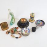 Various collectables, including Russian black lacquer Palekh box, butterfly wing dish, cloisonne