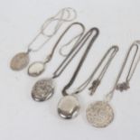 5 various silver oval lockets and chains, some with engraved decoration