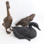 A cast-brass duck, a brass hen, and resin duck, standing duck height 40cm (3)