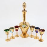 Venetian glass decanter with enamelled and gilded decoration, and 6 liqueur glasses