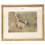 An original woodblock print, study of goats, monogramed AWS (William Seaby), framed, overall 45cm